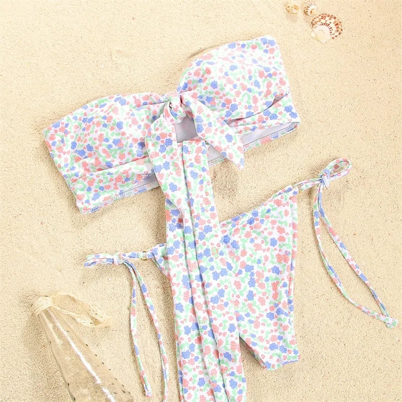 Hollow solid color bandage bikini set