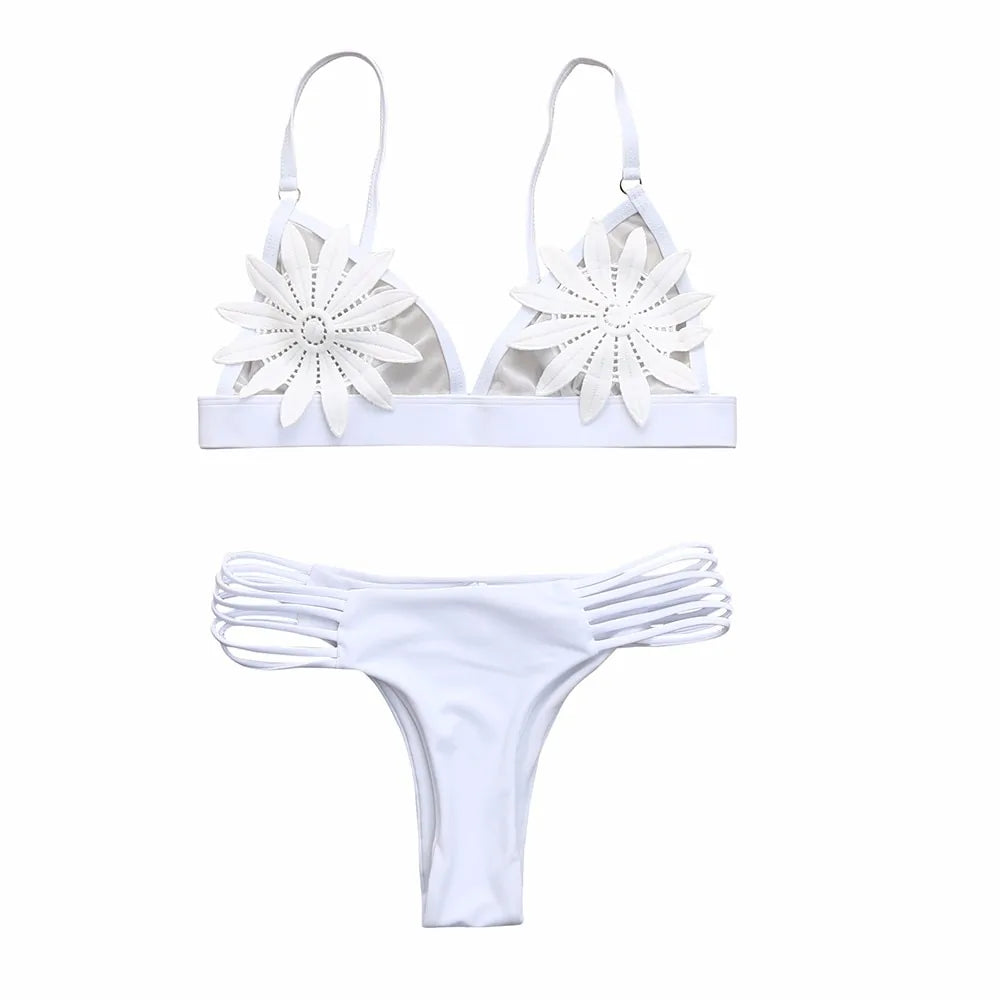 Bloemen Push-Up Bikini Set: Witte Gevoerde BH Zwemmode voor Vrouwen