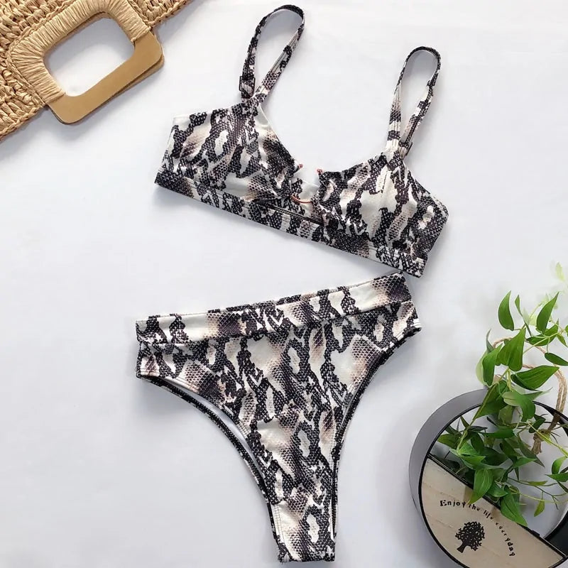 Leopard and snake print high waist bikini set