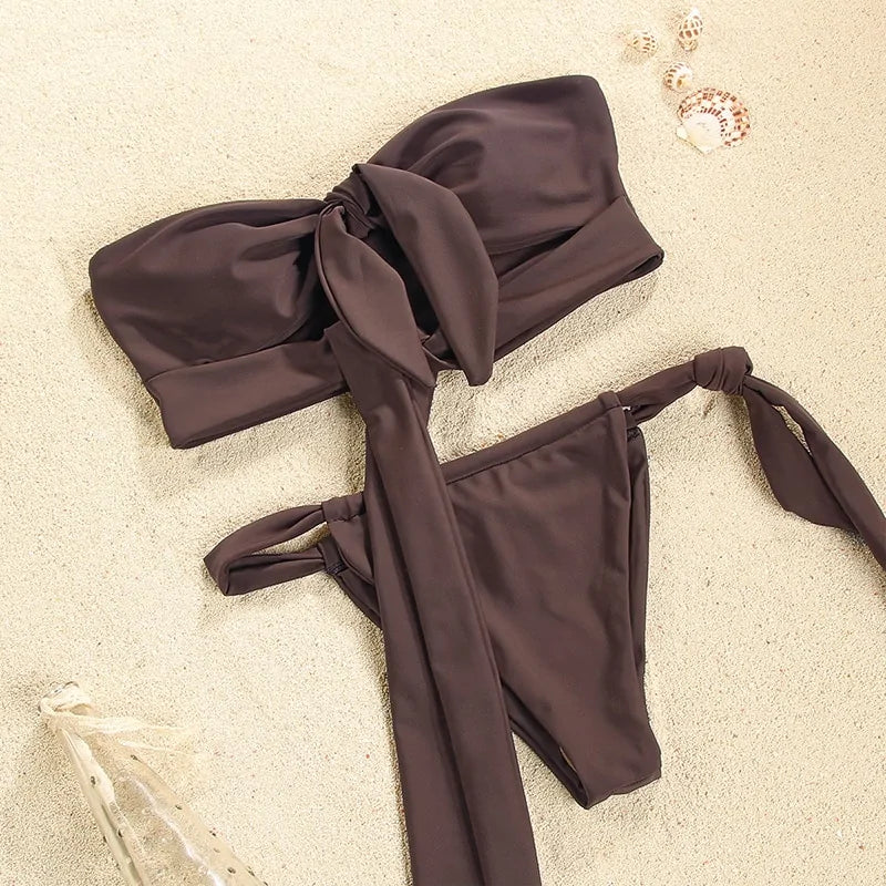 Hollow solid color bandage bikini set