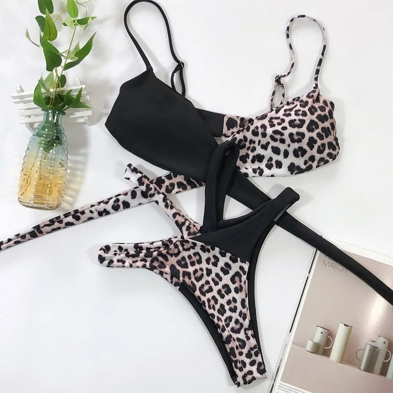 Leopard and snake print high waist bikini set