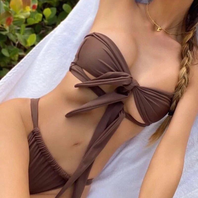 Hollow solid color bandage bikini set